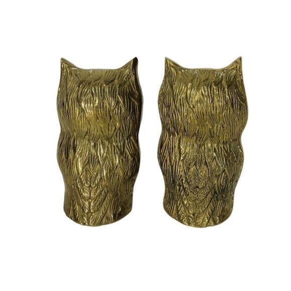 Vintage MCM Brass Set of Two Horned Night Owl Bookends Gold Figurines - Picture 8 of 12